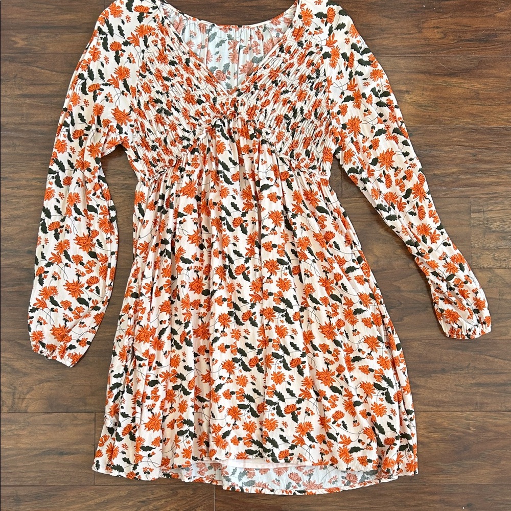 Chic Floral Long Sleeve Dress - Orange and Black